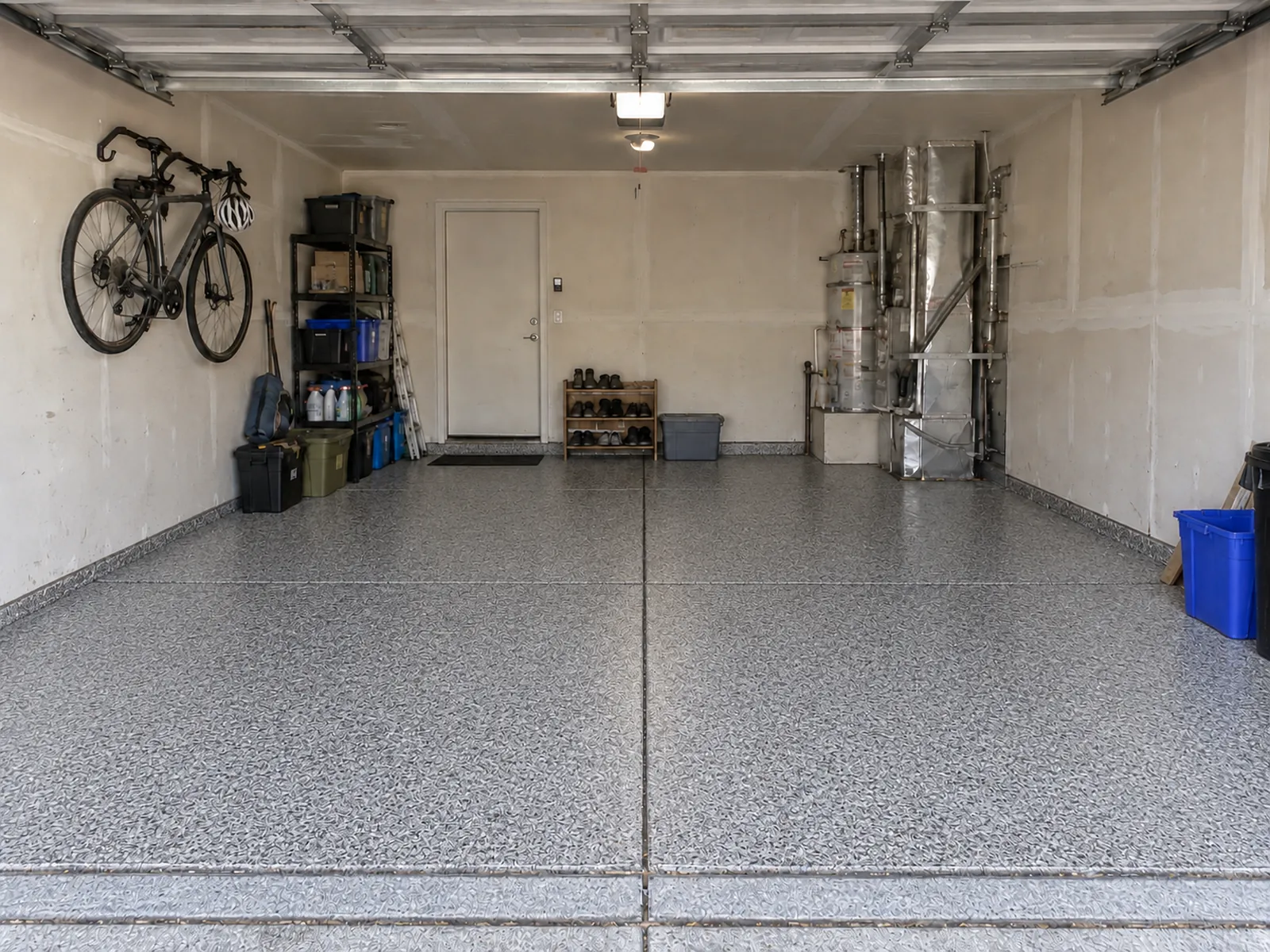 The same garage with a grey flake floor coating and new cabinets