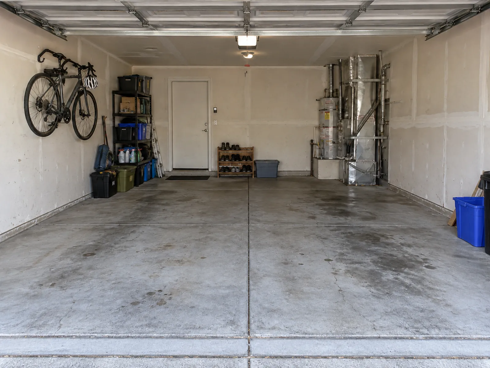 Two-car garage with bare, oil-stained concrete and unfinished walls