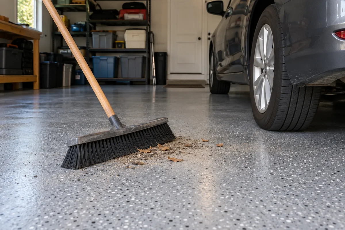 Push broom sweeping a coated garage floor