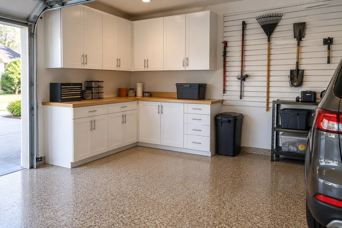 Garage corner with a tan flake floor and white cabinets