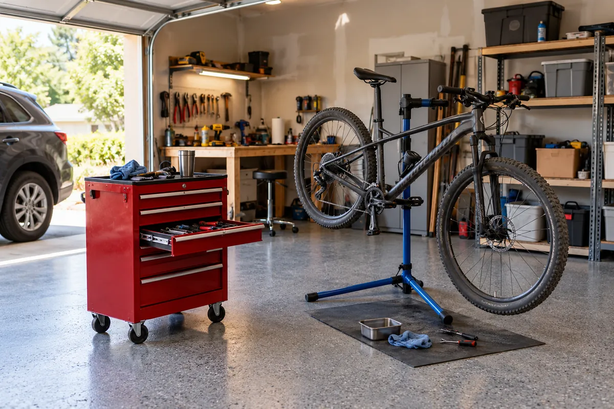 Toolbox and bike on a coated garage floor