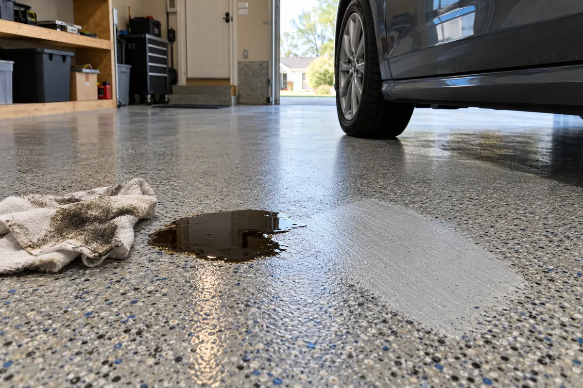 A small oil spill being wiped off a flake-coated floor