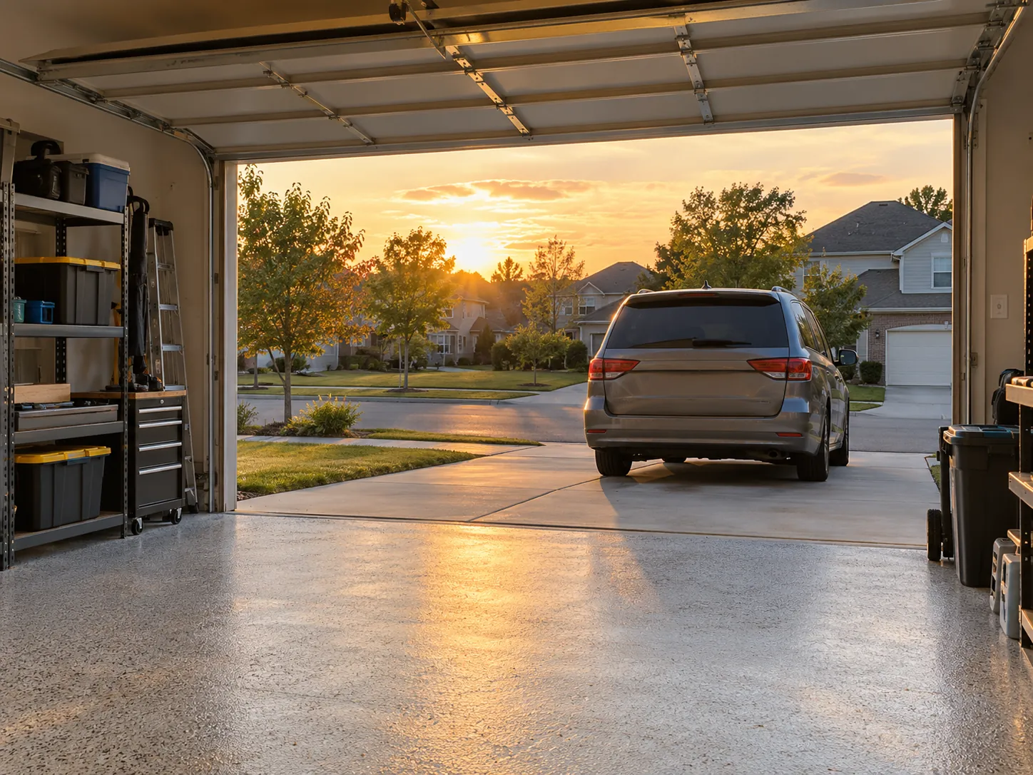 Open garage at sunset with a coated floor and a minivan in the driveway