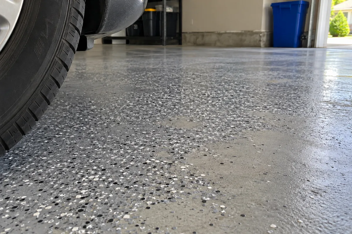 Close-up of a grey and black flake floor