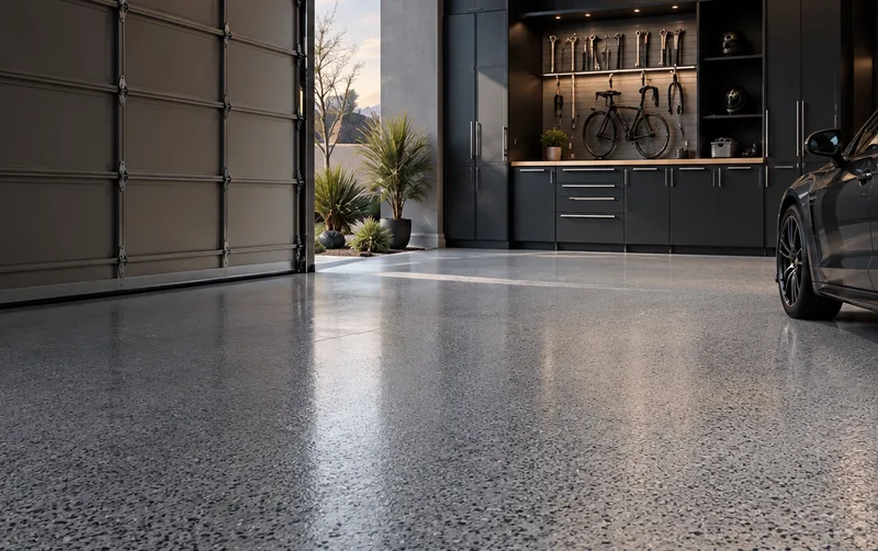 Open two-car garage with a glossy grey flake floor