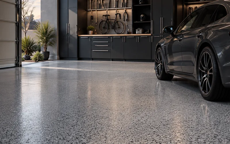 Wide garage with a glossy grey flake floor, black cabinets and a car at the open door