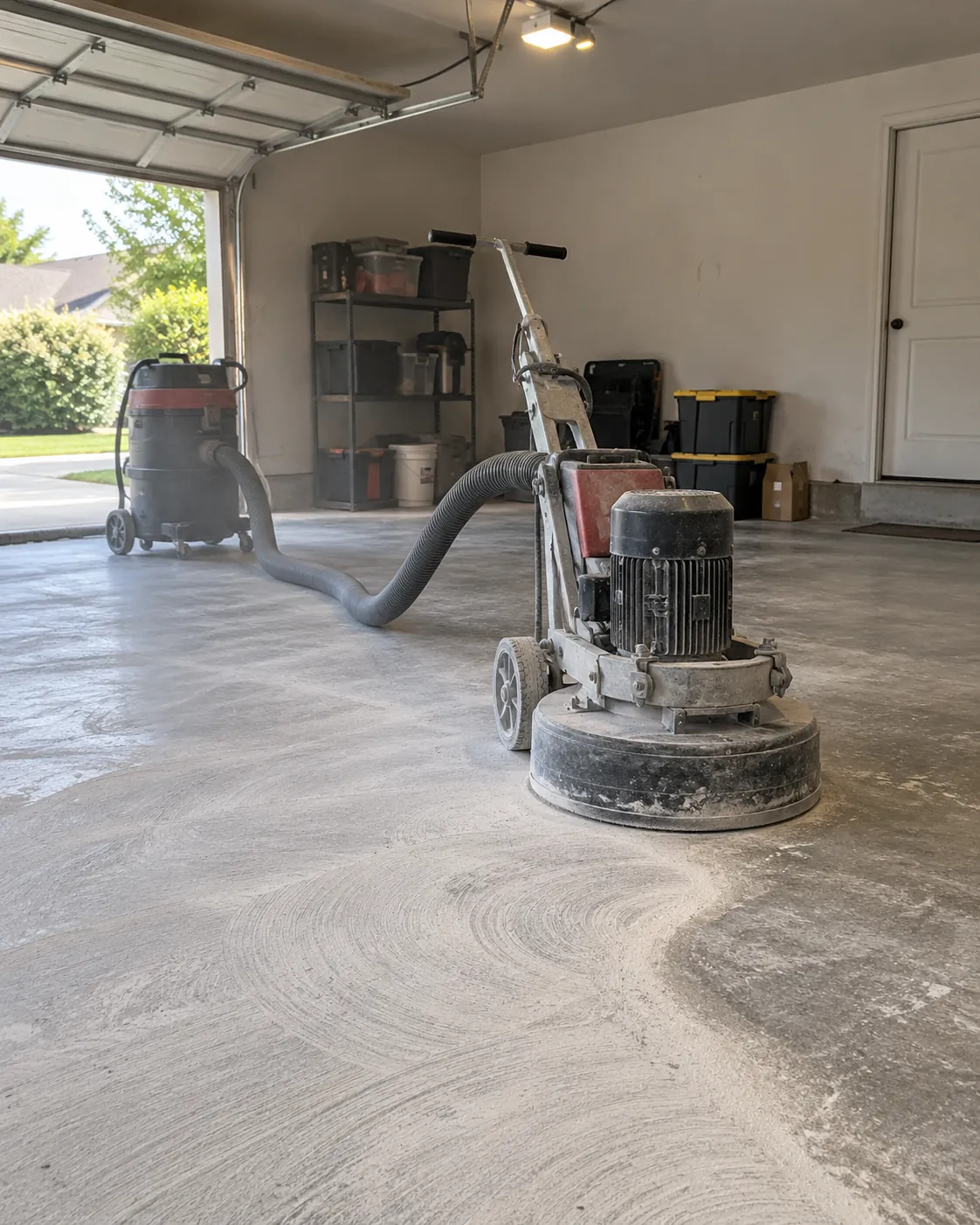 A floor grinder preparing bare concrete in a garage