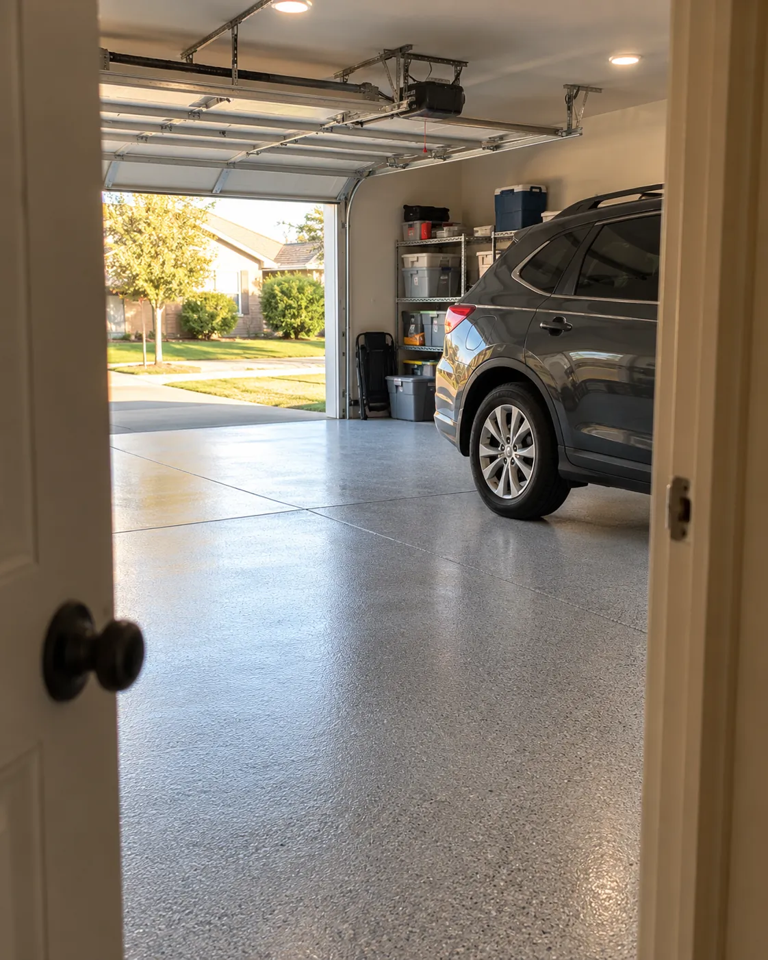 A coated garage seen from the house door
