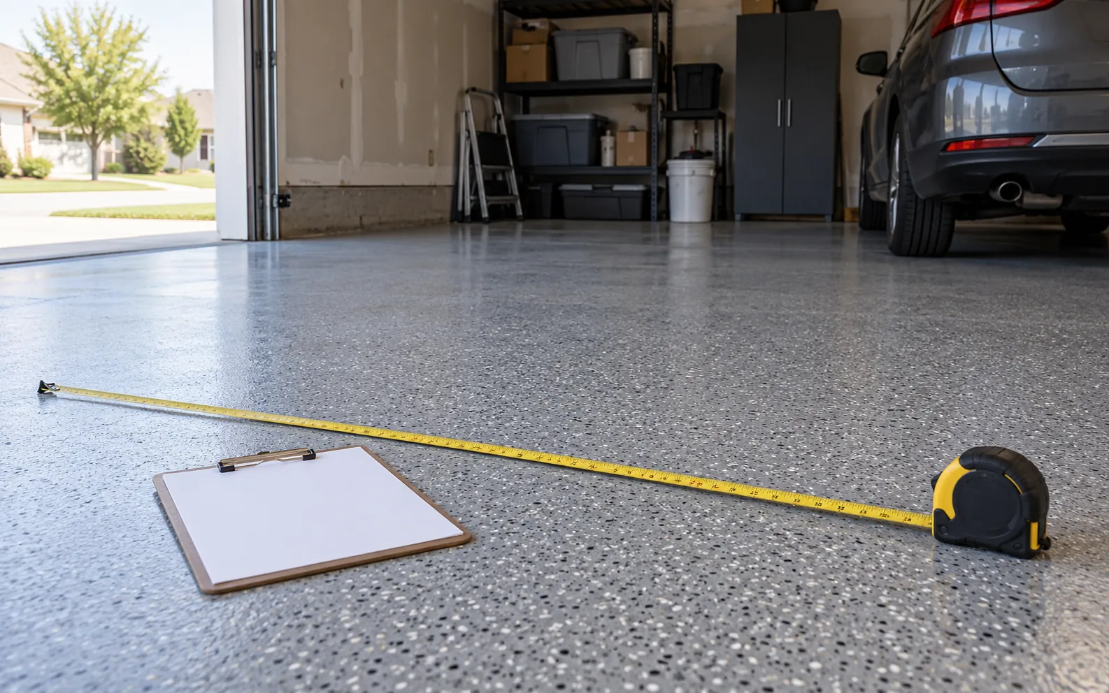 A tape measure and clipboard on a coated garage floor