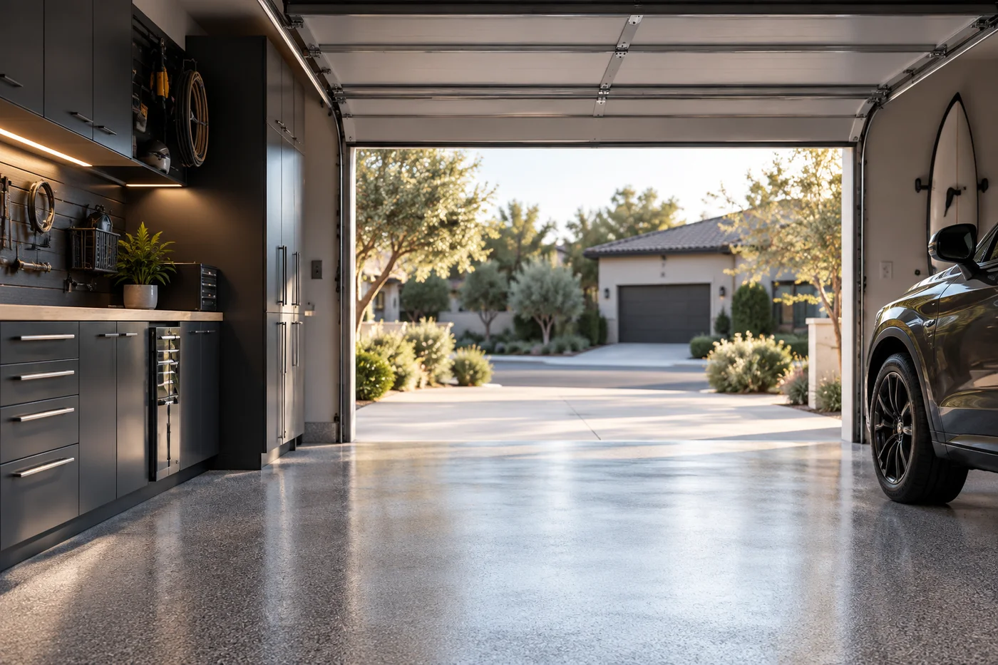 Garage with a freshly coated grey flake floor